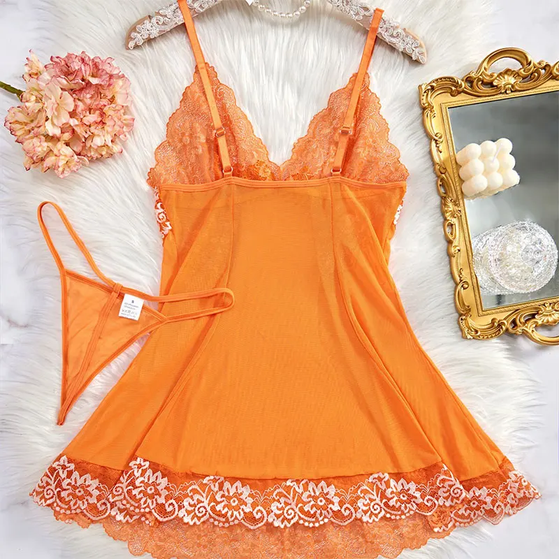 Sexy Nightgown Set Women Dress Sling Sleepwear Elegant Costume Embroidered Dresses Bright Color Pajama Set With Thongs Baby Doll thumbnail 4
