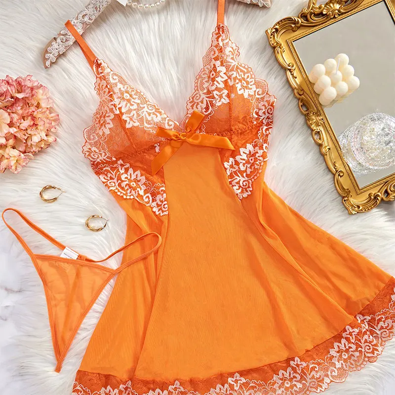 Sexy Nightgown Set Women Dress Sling Sleepwear Elegant Costume Embroidered Dresses Bright Color Pajama Set With Thongs Baby Doll thumbnail 2