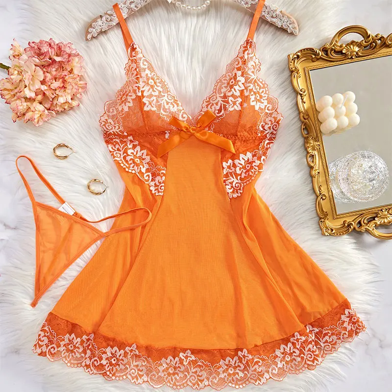 Sexy Nightgown Set Women Dress Sling Sleepwear Elegant Costume Embroidered Dresses Bright Color Pajama Set With Thongs Baby Doll thumbnail 3