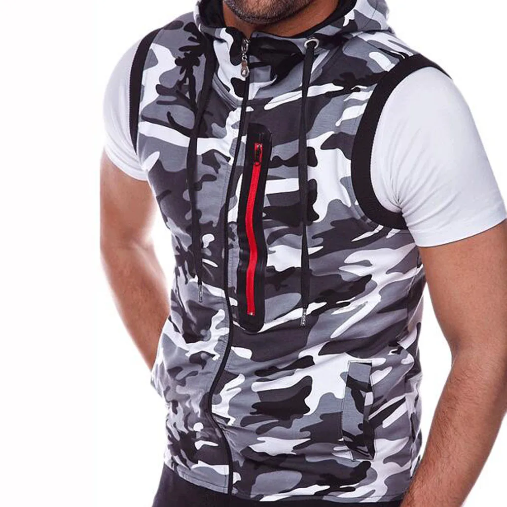 Hooded Camo Print Loose Waistcoats Autumn Female Sleeveless Zip Up Camouflage Print Vest Coats BSD-ZW28