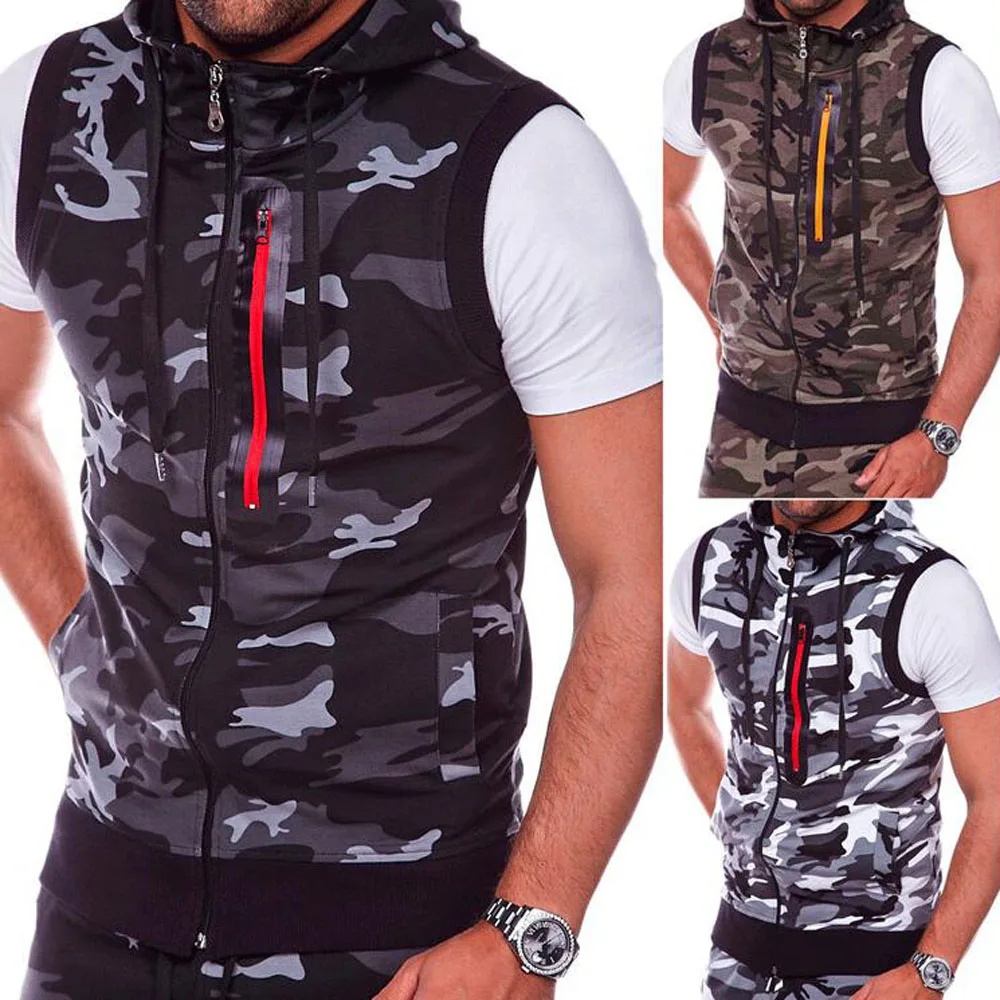 Hooded Camo Print Loose Waistcoats Autumn Female Sleeveless Zip Up Camouflage Print Vest Coats BSD-ZW28 thumbnail 2