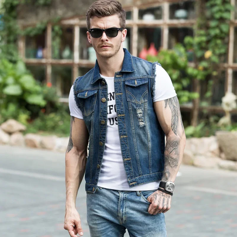 2024 New Denim Vest Unsleeved Men's Fashion Slim Fit Shoulder Vest Korean Style Casual Trendy Summer Autumn thumbnail 2