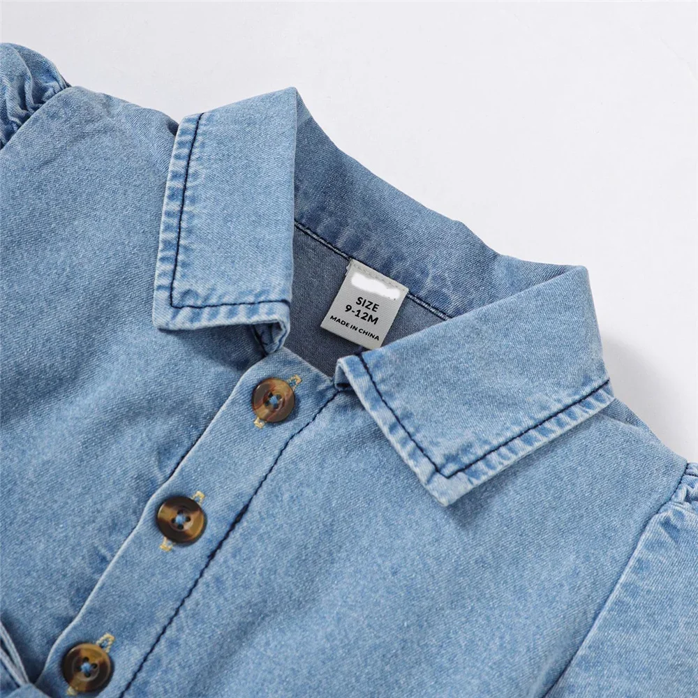 Baby Girl Fashion Dress Bubble Sleeve Lapel Jeans Casual Dress+Belt Summer Birthday Party Costumes for 1-3 Years Toddler Girl thumbnail 2