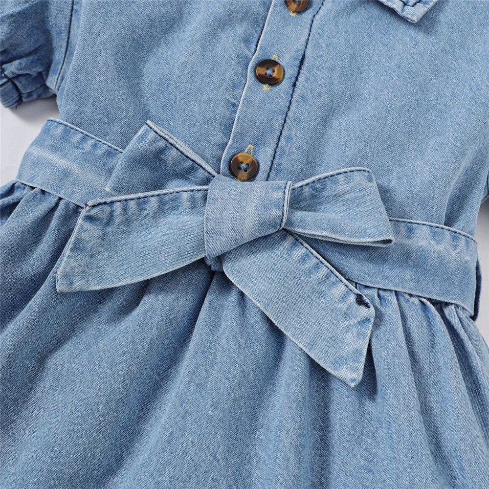 Baby Girl Fashion Dress Bubble Sleeve Lapel Jeans Casual Dress+Belt Summer Birthday Party Costumes for 1-3 Years Toddler Girl thumbnail 3