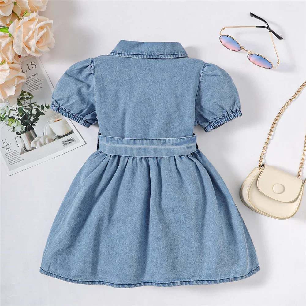 Baby Girl Fashion Dress Bubble Sleeve Lapel Jeans Casual Dress+Belt Summer Birthday Party Costumes for 1-3 Years Toddler Girl thumbnail 5