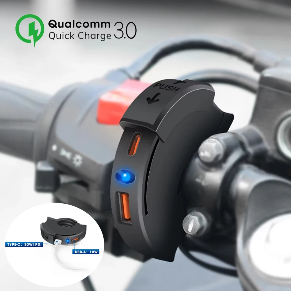 48W Motorcycle Fast Charger QC3.0 18W PD 30W Handlebar Charging Bracket Waterproof Bike Phone Charger 12/24V Socket Adapter