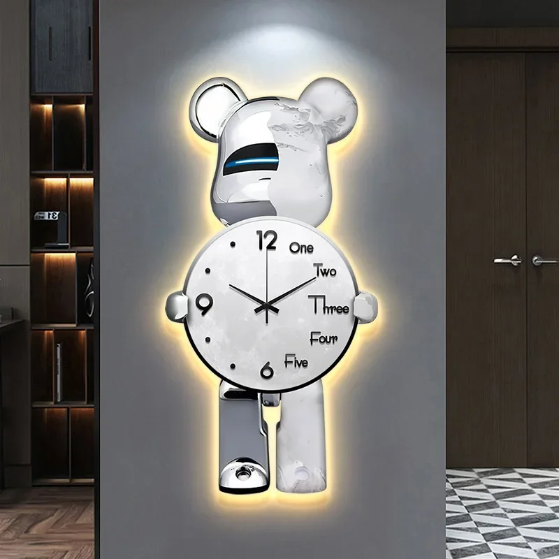 Aesthetic Bear Wall Clock LED Lamp Unique Bear Silent Watch Sconce Luxury Porch Livingroom Decoration Interior Light Clock Decor thumbnail 3