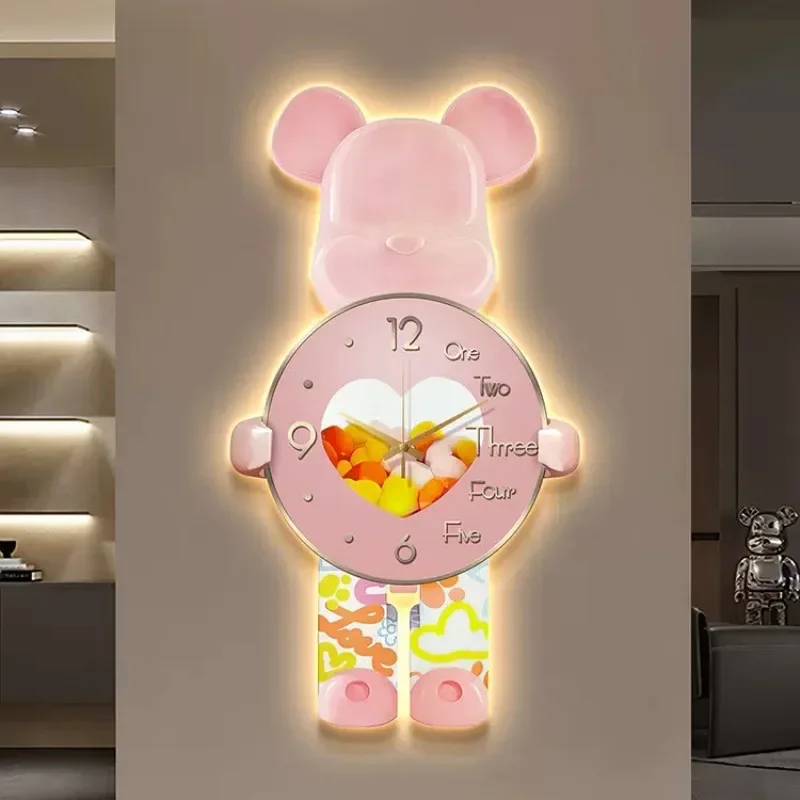 Aesthetic Bear Wall Clock LED Lamp Unique Bear Silent Watch Sconce Luxury Porch Livingroom Decoration Interior Light Clock Decor thumbnail 2