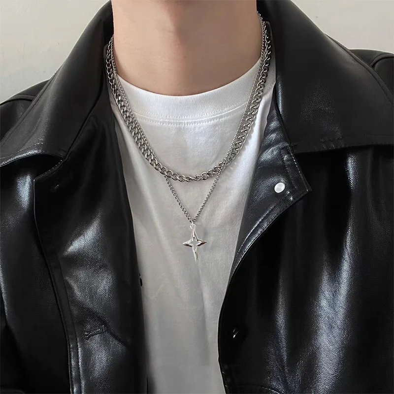 Double Layered Cuban Star Pendant Necklace for Man Titanium Steel Hip-Hop Design Collarbone Chain Unisex Jewelry Wholesale thumbnail 4