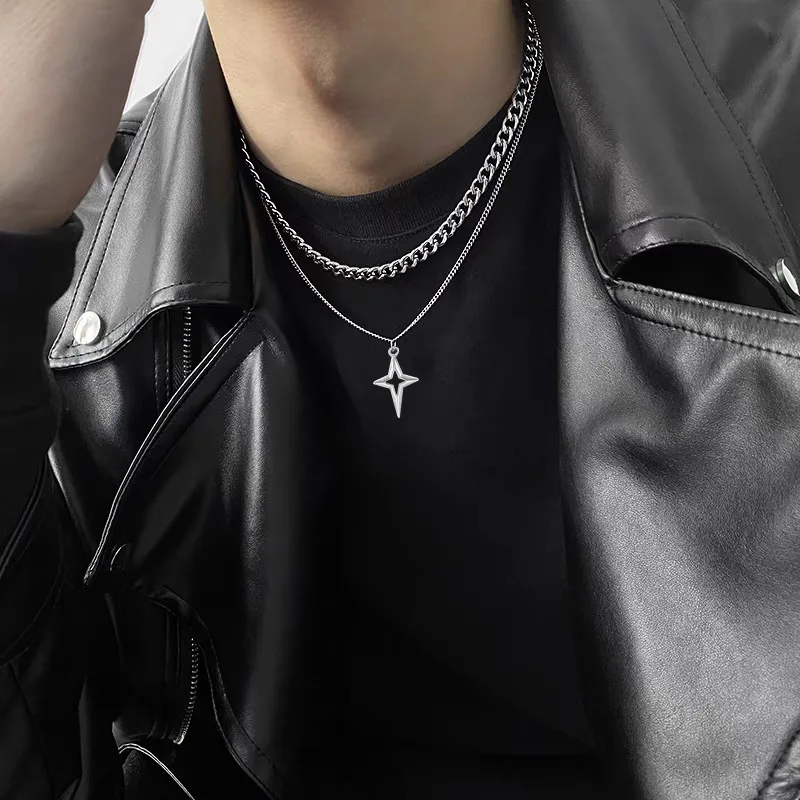 Double Layered Cuban Star Pendant Necklace for Man Titanium Steel Hip-Hop Design Collarbone Chain Unisex Jewelry Wholesale thumbnail 2