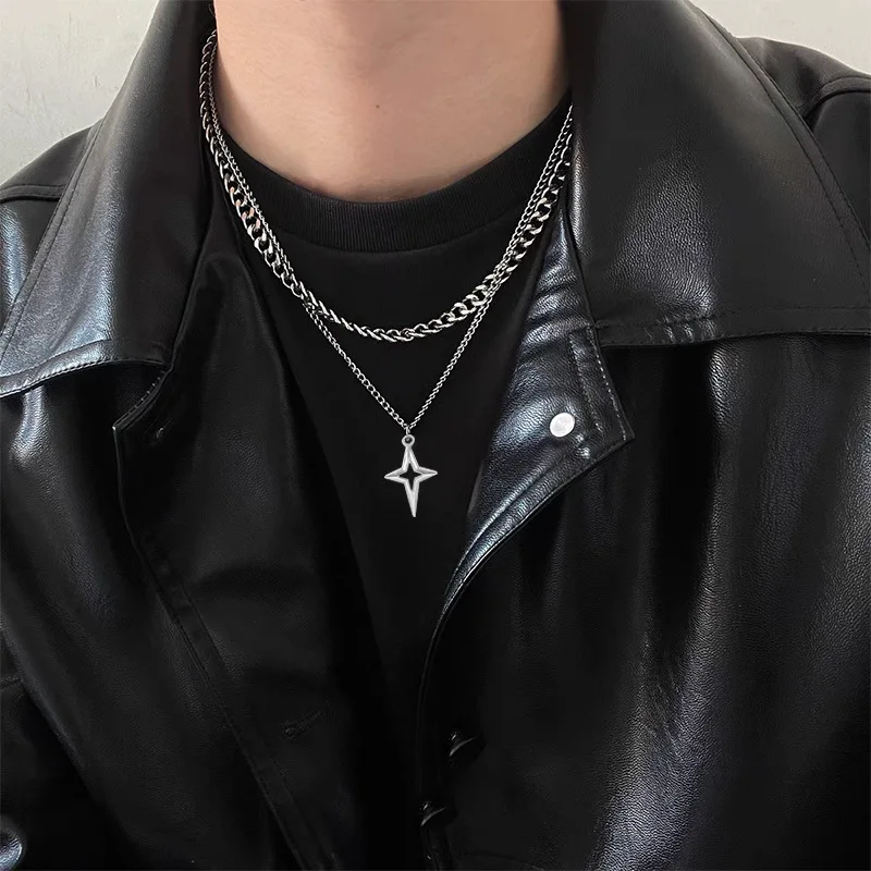 Double Layered Cuban Star Pendant Necklace for Man Titanium Steel Hip-Hop Design Collarbone Chain Unisex Jewelry Wholesale thumbnail 3