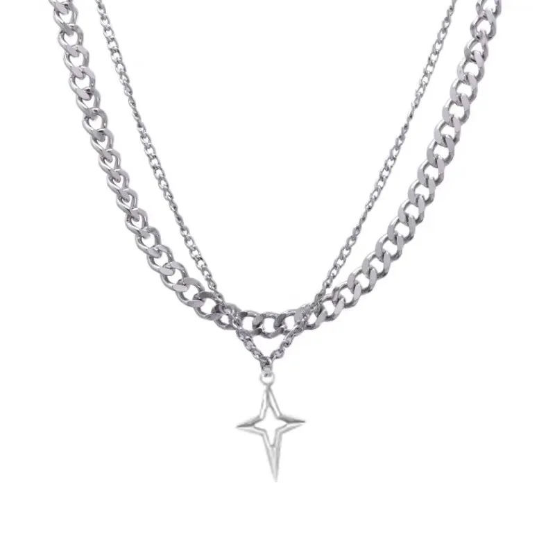 Double Layered Cuban Star Pendant Necklace for Man Titanium Steel Hip-Hop Design Collarbone Chain Unisex Jewelry Wholesale thumbnail 5