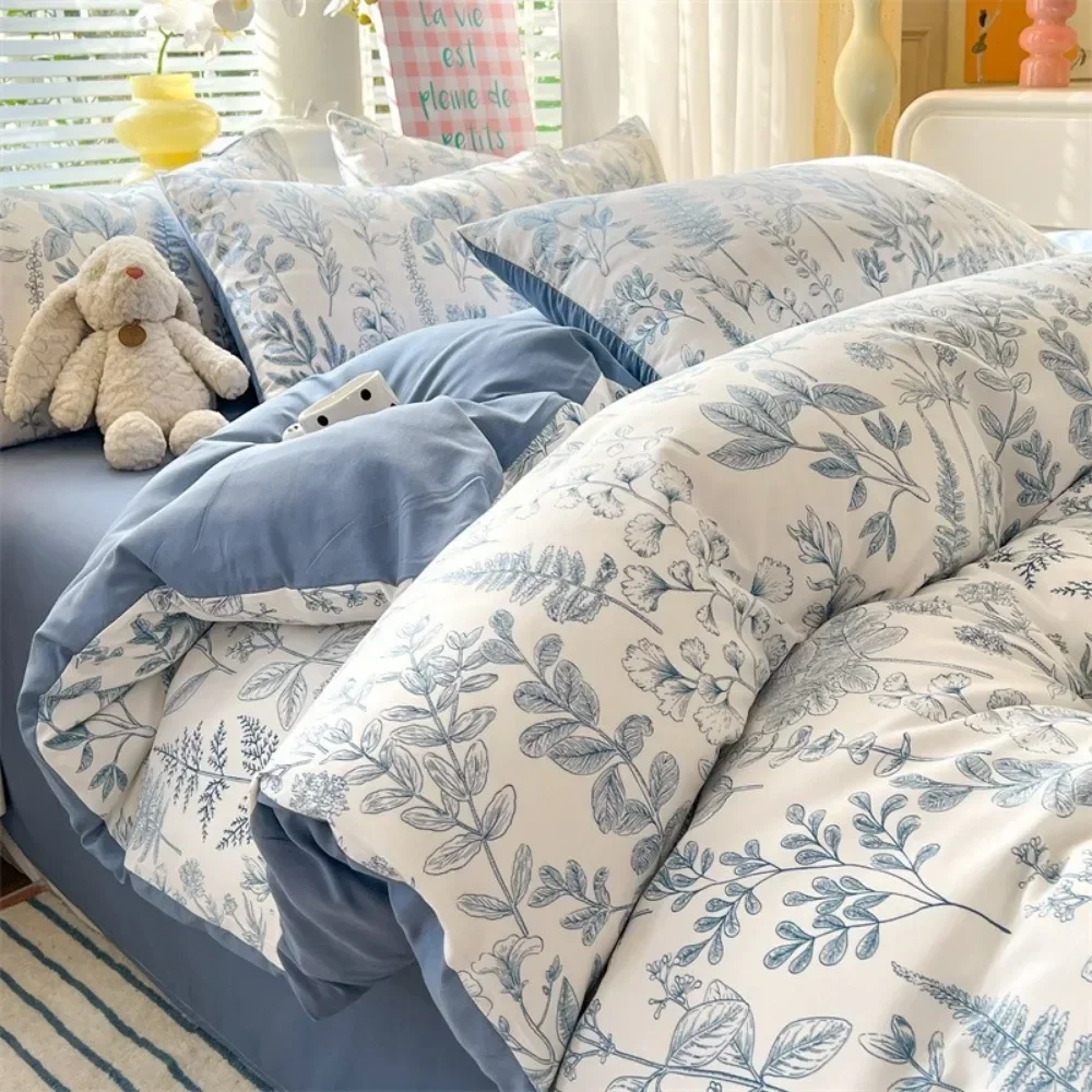 4pcs/set Plant Floral Print Set A Duvet Cover and Bed Sheet A Pair of Pillowcases Suitable for Bedroom Home Decor Bedding Sets thumbnail 5