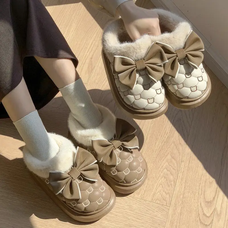 Platform Ankle Boots Female Bowknot Designer Winter Snow Booties Indoor Fluffy Slippers Women House Flats Fashion Footwear Warm thumbnail 3