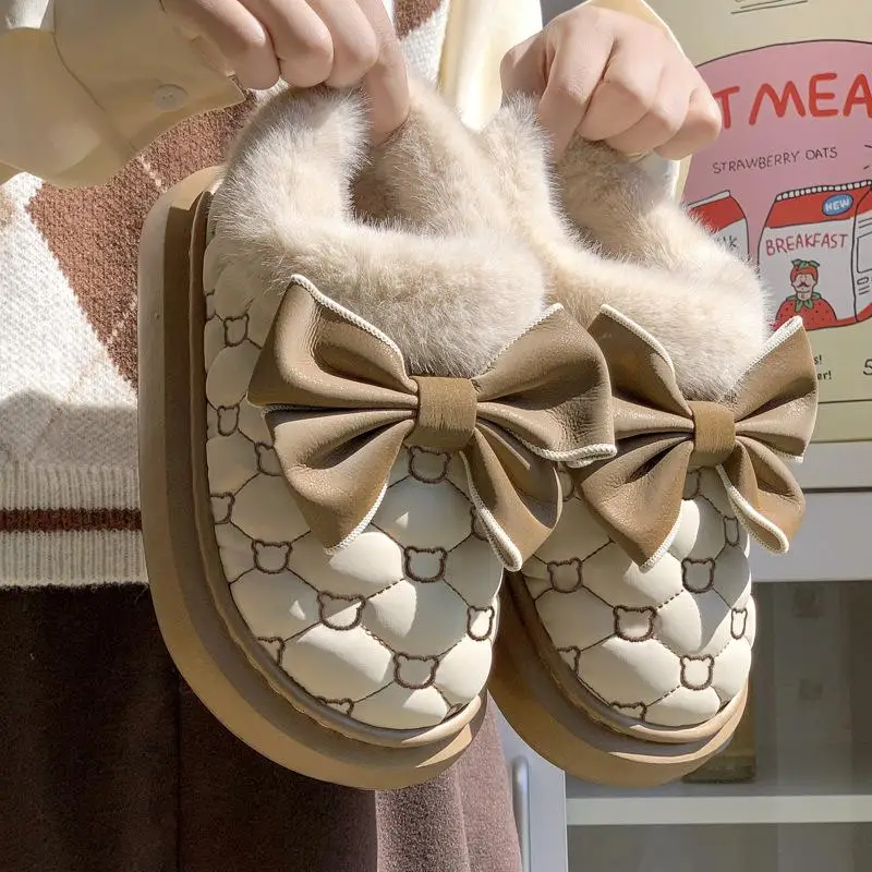 Platform Ankle Boots Female Bowknot Designer Winter Snow Booties Indoor Fluffy Slippers Women House Flats Fashion Footwear Warm thumbnail 2
