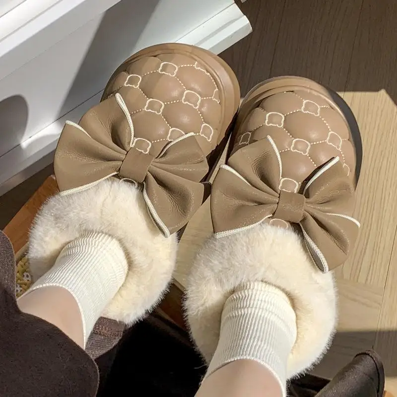 Platform Ankle Boots Female Bowknot Designer Winter Snow Booties Indoor Fluffy Slippers Women House Flats Fashion Footwear Warm thumbnail 4