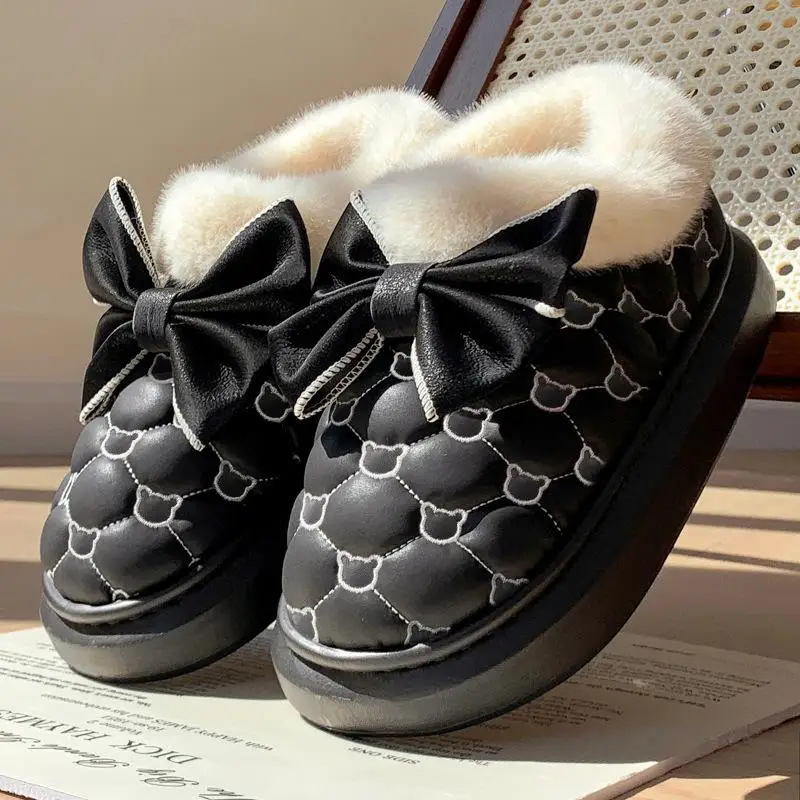 Platform Ankle Boots Female Bowknot Designer Winter Snow Booties Indoor Fluffy Slippers Women House Flats Fashion Footwear Warm thumbnail 5