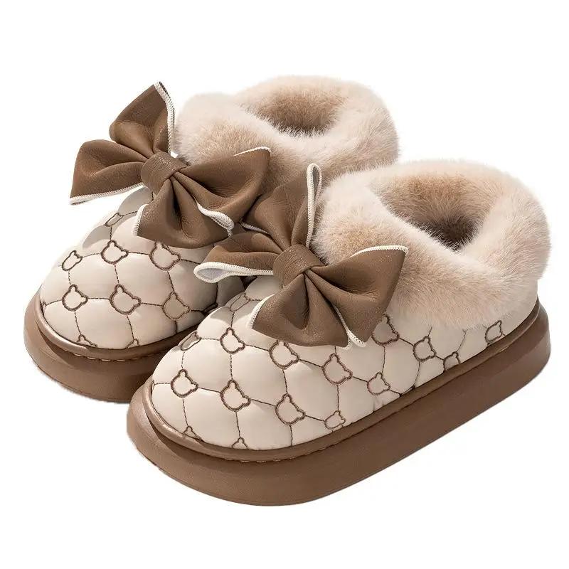 Platform Ankle Boots Female Bowknot Designer Winter Snow Booties Indoor Fluffy Slippers Women House Flats Fashion Footwear Warm thumbnail 6