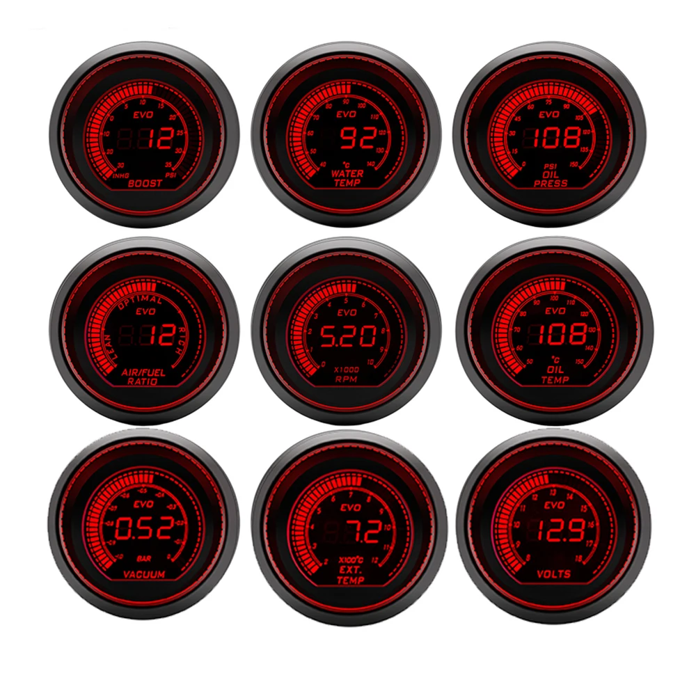 52mm Tachometer RPM Water Temp Oil Temp Oil Press Exhaust Temp Voltmeter Boost Vacuum AFR Gauge Red Blue Backlight LCD Display