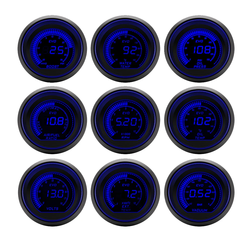 52mm Tachometer RPM Water Temp Oil Temp Oil Press Exhaust Temp Voltmeter Boost Vacuum AFR Gauge Red Blue Backlight LCD Display thumbnail 2