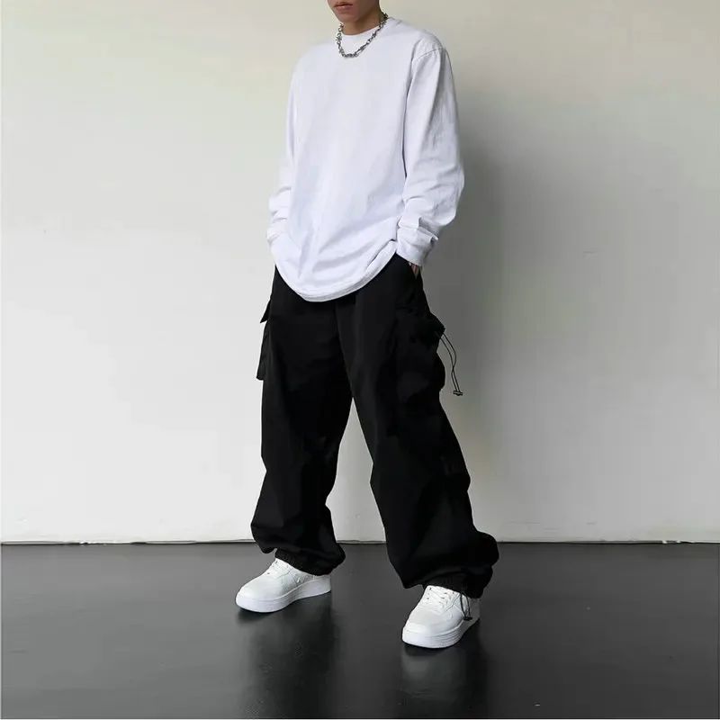 Men's Casual Cargo Pants Fashion Streetwear Classic Man Straight Wide-leg Pants Drawstring Workwear Trendy Loose Cargo Trousers thumbnail 5