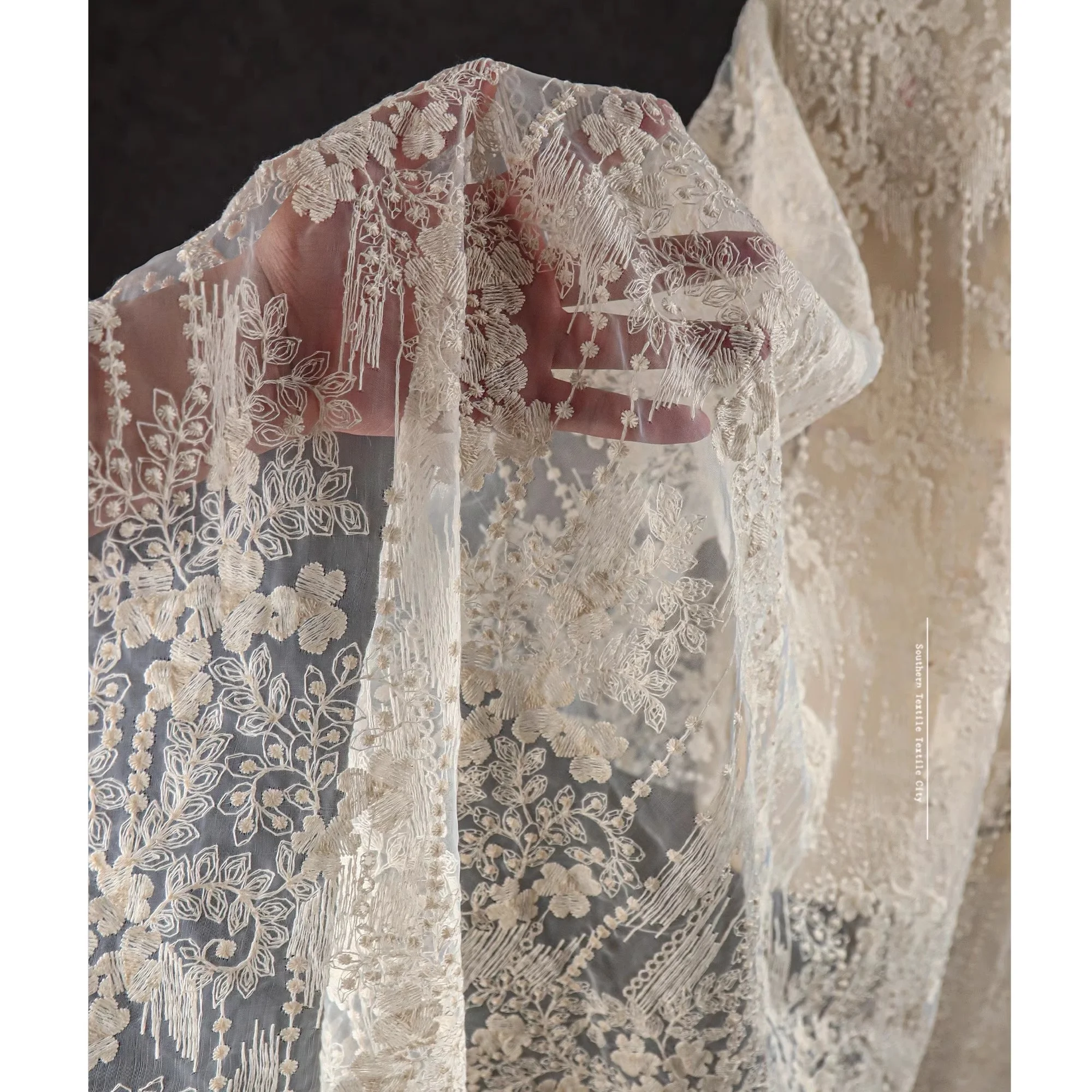 Apricot embroidery floral tulle lace gauze material transparent jacquard fashion dress wedding dress designer fabric thumbnail 3