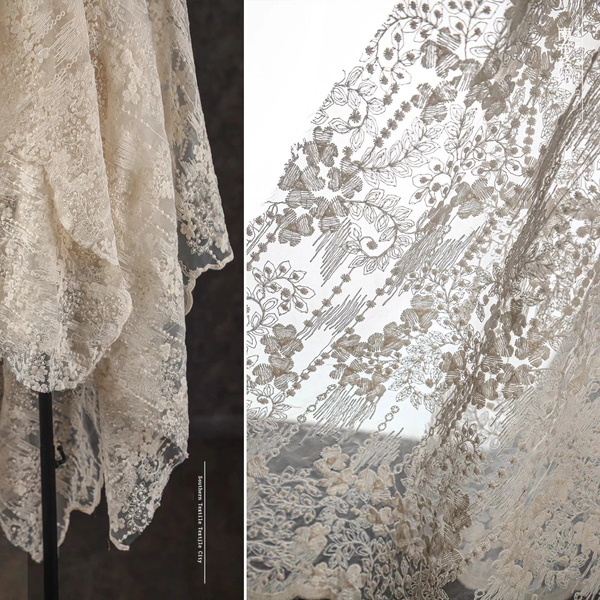Apricot embroidery floral tulle lace gauze material transparent jacquard fashion dress wedding dress designer fabric thumbnail 5