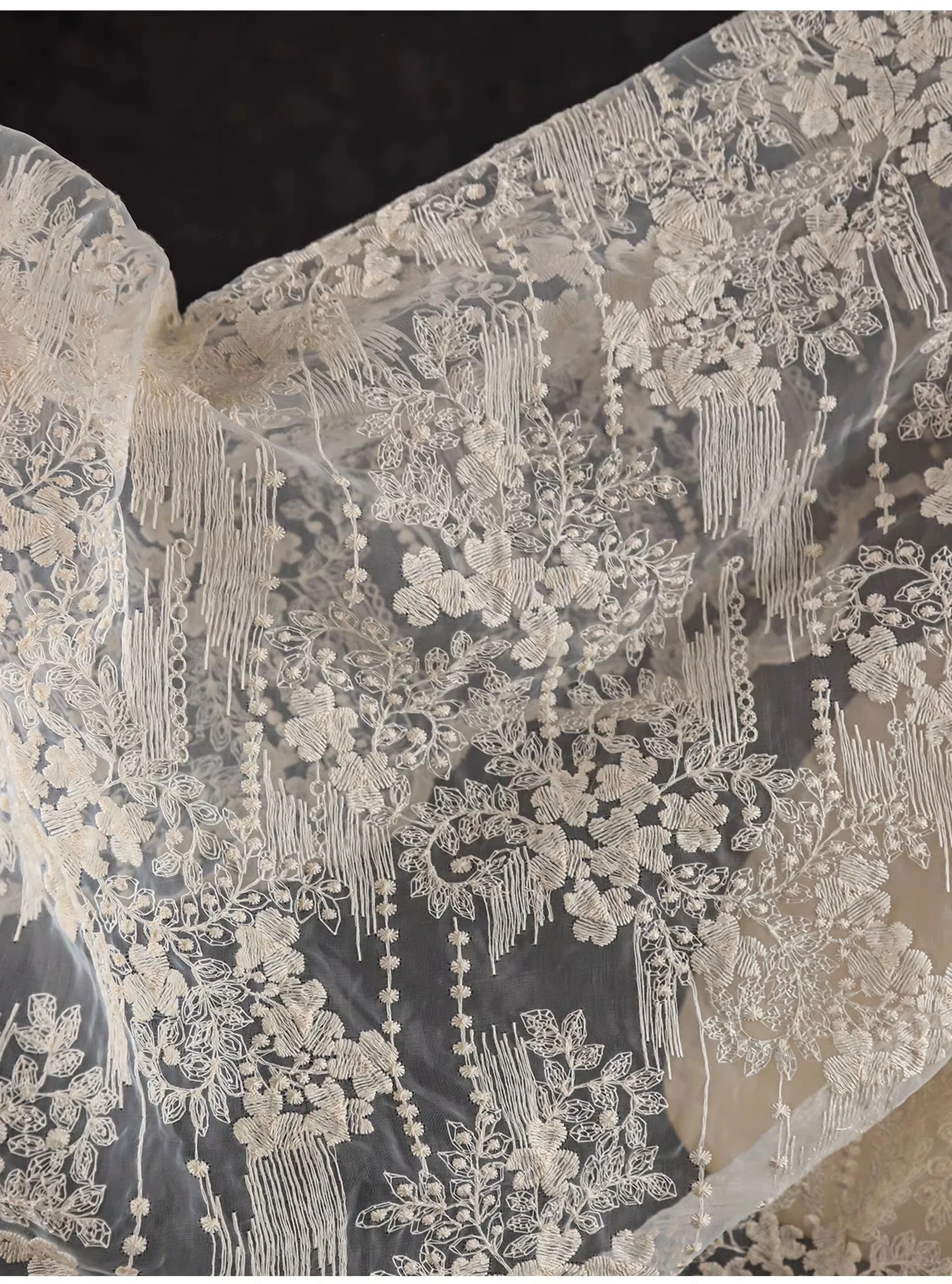 Apricot embroidery floral tulle lace gauze material transparent jacquard fashion dress wedding dress designer fabric thumbnail 2