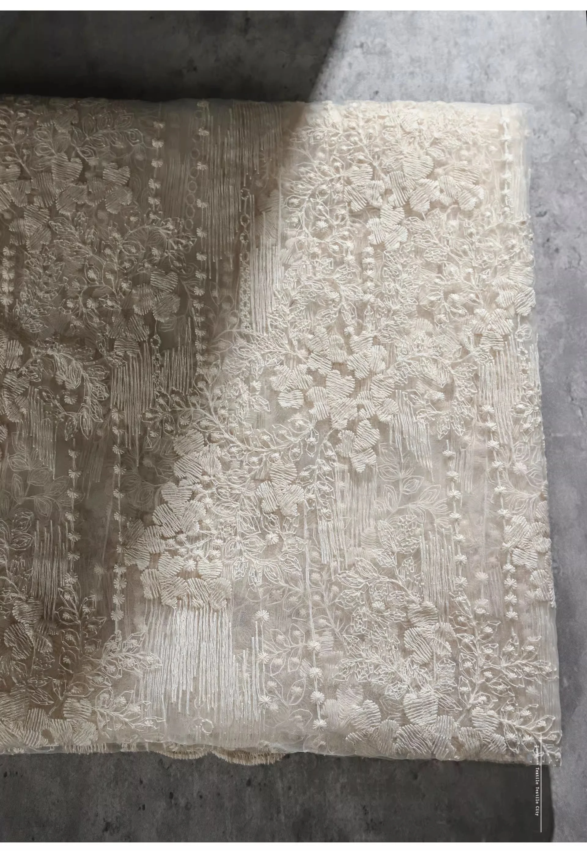 Apricot embroidery floral tulle lace gauze material transparent jacquard fashion dress wedding dress designer fabric thumbnail 6