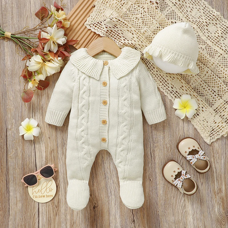 Newborn Baby Romper Knitted Infant Boy Girl Jumpsuit Outfits Long Sleeve Autumn Kid Clothes Hat 2PCS 0-9M Overalls Fashion Solid