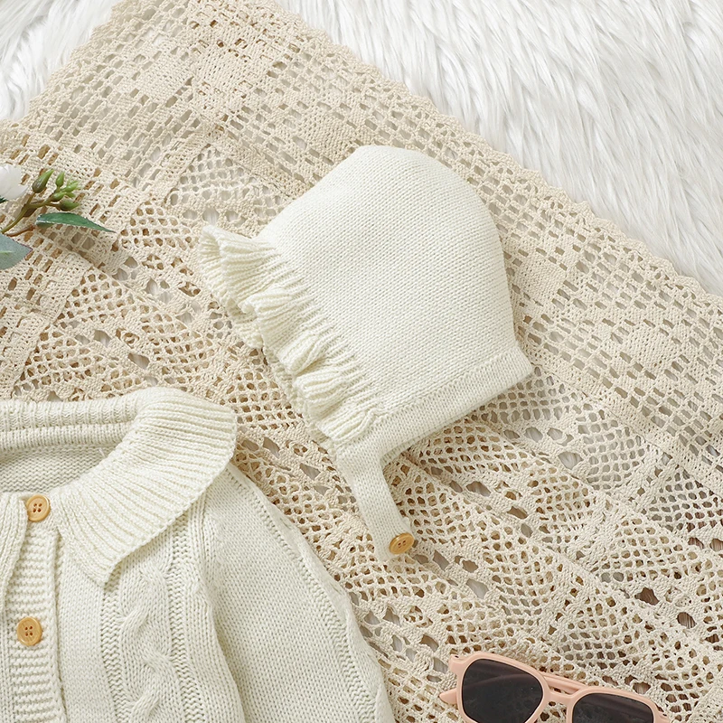 Newborn Baby Romper Knitted Infant Boy Girl Jumpsuit Outfits Long Sleeve Autumn Kid Clothes Hat 2PCS 0-9M Overalls Fashion Solid thumbnail 5