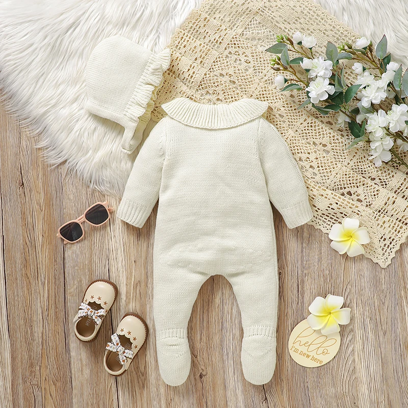 Newborn Baby Romper Knitted Infant Boy Girl Jumpsuit Outfits Long Sleeve Autumn Kid Clothes Hat 2PCS 0-9M Overalls Fashion Solid thumbnail 2