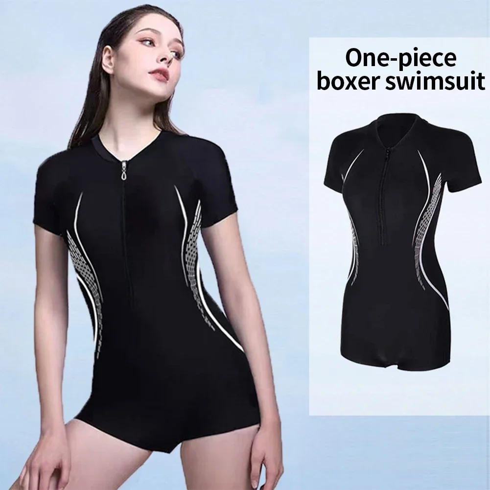 New Short Sleeve Swimsuit Women One Piece Flat Corner Surf Bodysuit Zipper Conservative Hide Swimwear Girl Bath Swimming Wear thumbnail 2