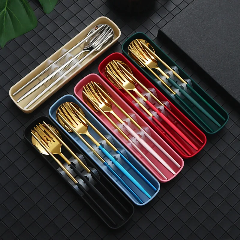 Portable Gold Tableware Cutlery Set Dinnerware Set High Quality Stainless Steel Fork Spoon Chopsticks Travel Flatware With Box