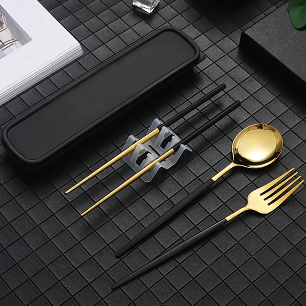 Portable Gold Tableware Cutlery Set Dinnerware Set High Quality Stainless Steel Fork Spoon Chopsticks Travel Flatware With Box thumbnail 2