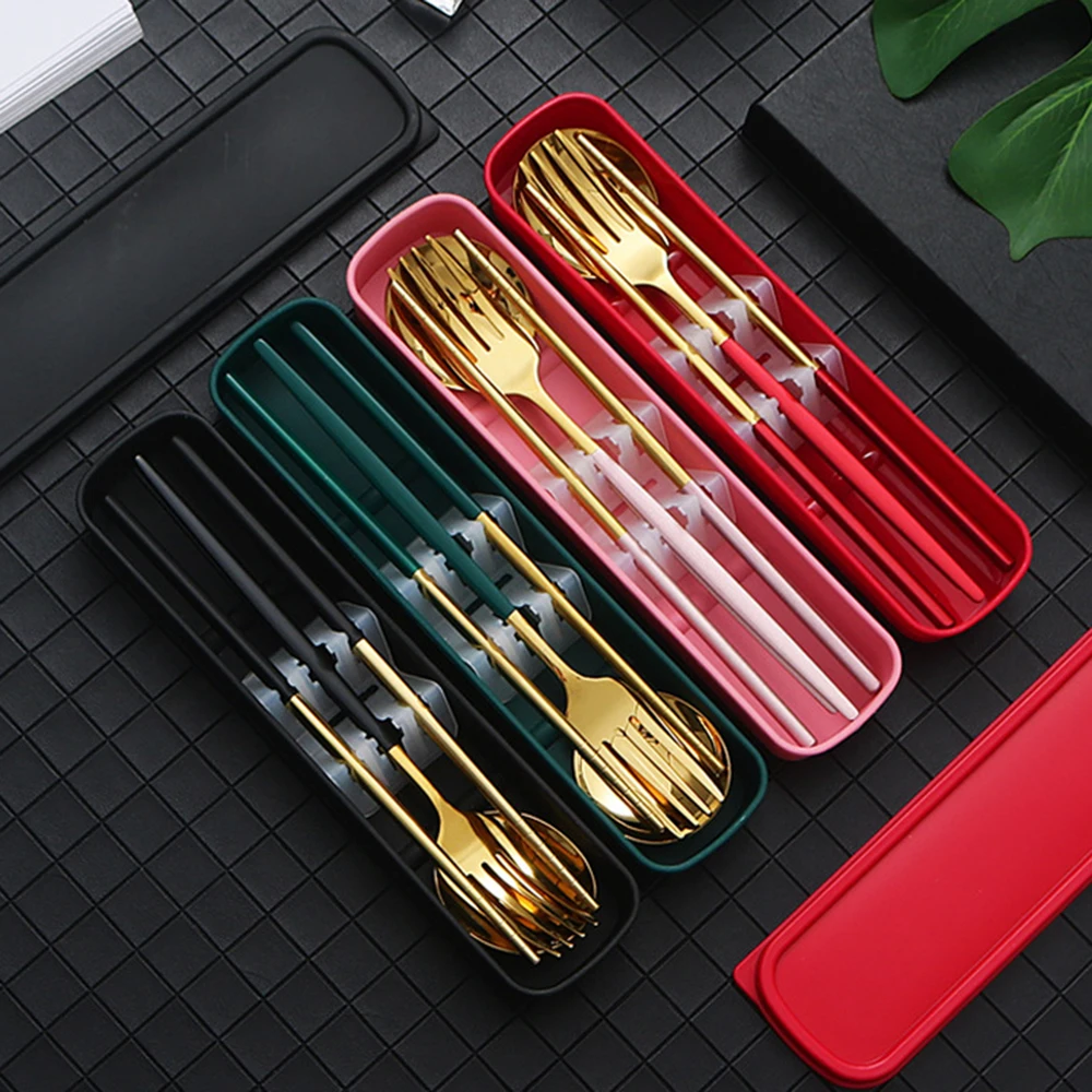 Portable Gold Tableware Cutlery Set Dinnerware Set High Quality Stainless Steel Fork Spoon Chopsticks Travel Flatware With Box thumbnail 5