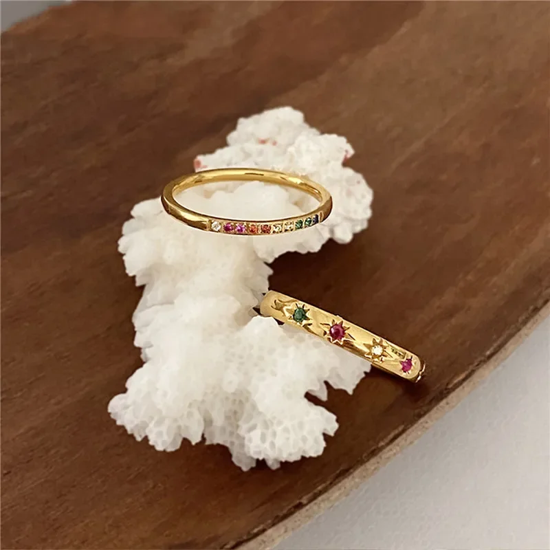 2PCS/Set Stainless Steel Rainbow Color Cubic Zircon Stone Finger Rings for Women INS Gold Color Waterproof Stars Ring Jewelry thumbnail 4