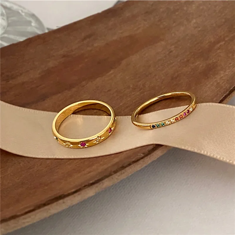 2PCS/Set Stainless Steel Rainbow Color Cubic Zircon Stone Finger Rings for Women INS Gold Color Waterproof Stars Ring Jewelry thumbnail 5