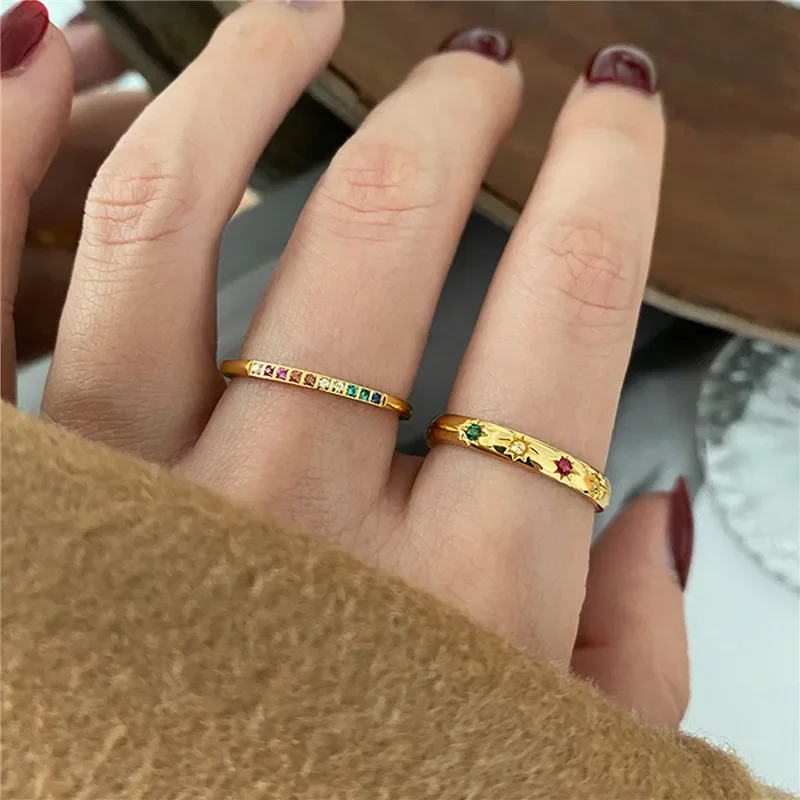 2PCS/Set Stainless Steel Rainbow Color Cubic Zircon Stone Finger Rings for Women INS Gold Color Waterproof Stars Ring Jewelry thumbnail 3