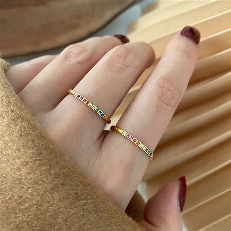 2PCS/Set Stainless Steel Rainbow Color Cubic Zircon Stone Finger Rings for Women INS Gold Color Waterproof Stars Ring Jewelry thumbnail 6
