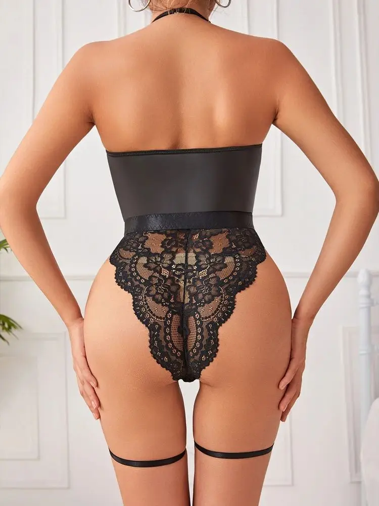 S-XXL Deep V-neck Faux PU Leather Bodysuit Lace Patchwork Transparent Swimsuit High Cut Sukumizu Tight Sexy Body Teddies Leotard thumbnail 2