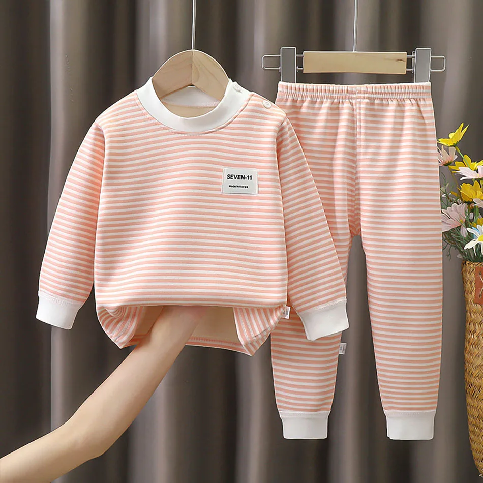 Baby Warm Clothing Set Fleece Lined Children Boys Girls Striped Underwear Sleepwear Set Ideal for Home Pajamas Autumn Winter thumbnail 3