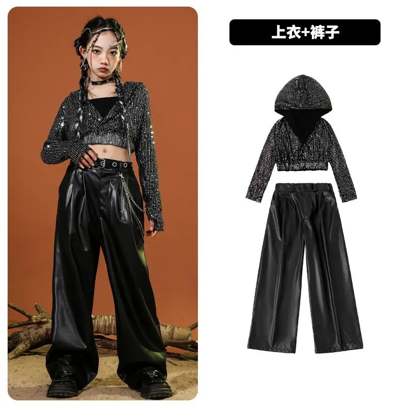 Children Gilrs Jazz Hip Hop Dance Costumes Sequin Hooded Jacket Leather Pant Kids Hoodie Shorts Sets Stage Fashion Show Clothing thumbnail 5