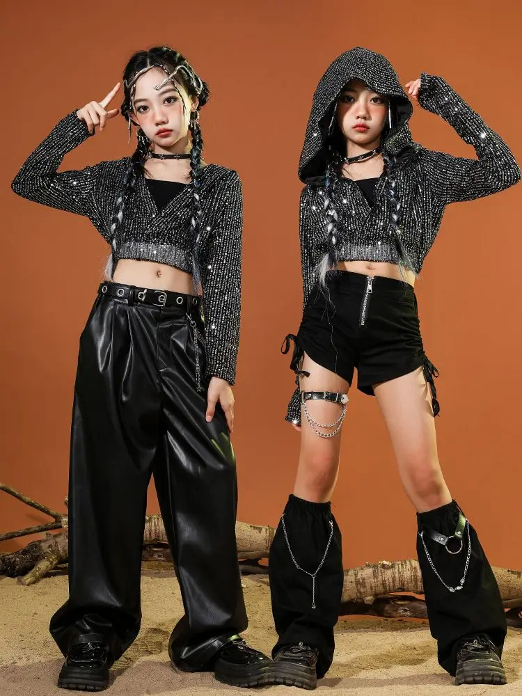 Children Gilrs Jazz Hip Hop Dance Costumes Sequin Hooded Jacket Leather Pant Kids Hoodie Shorts Sets Stage Fashion Show Clothing