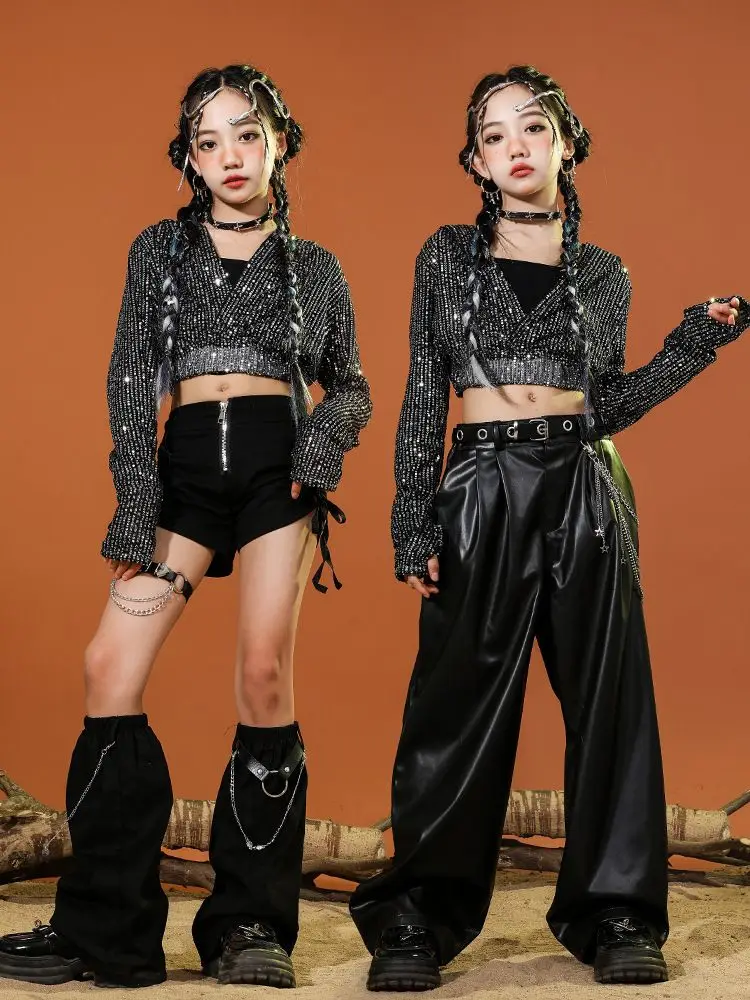 Children Gilrs Jazz Hip Hop Dance Costumes Sequin Hooded Jacket Leather Pant Kids Hoodie Shorts Sets Stage Fashion Show Clothing thumbnail 4