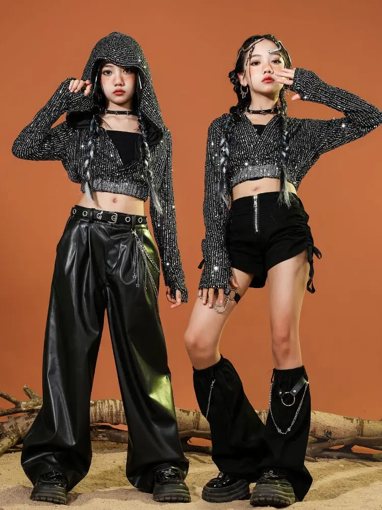 Children Gilrs Jazz Hip Hop Dance Costumes Sequin Hooded Jacket Leather Pant Kids Hoodie Shorts Sets Stage Fashion Show Clothing thumbnail 2