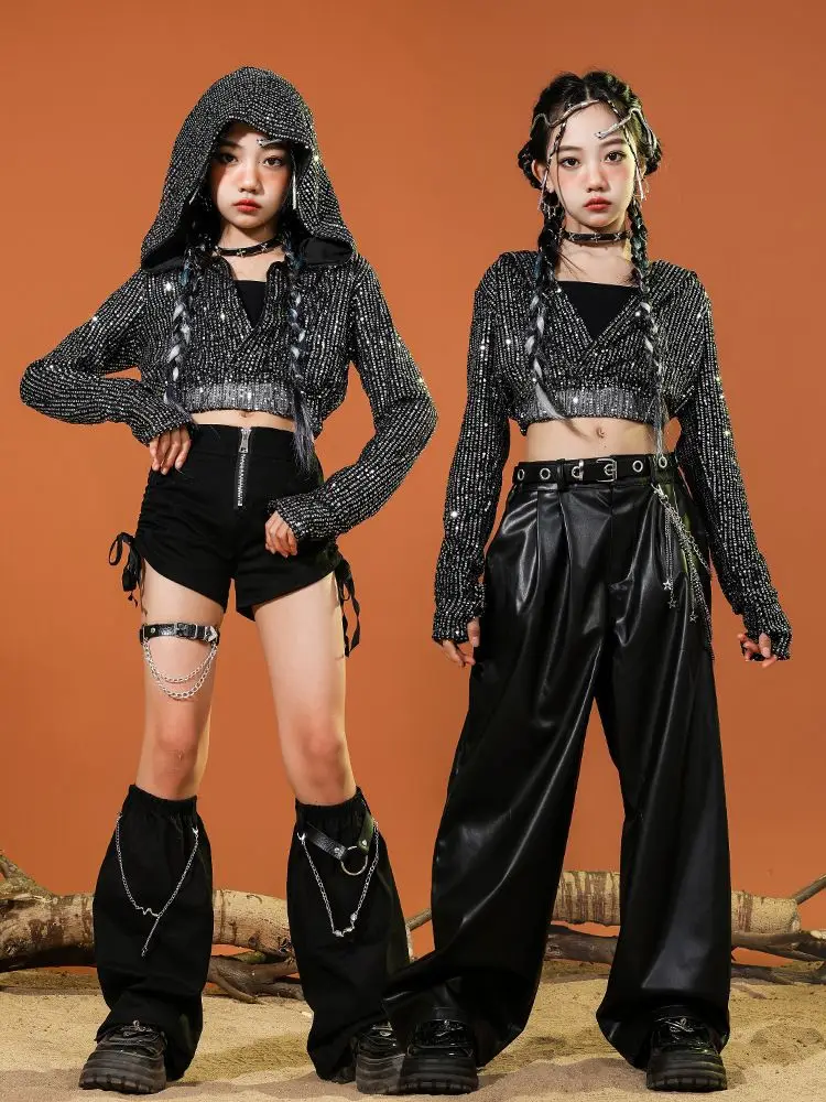 Children Gilrs Jazz Hip Hop Dance Costumes Sequin Hooded Jacket Leather Pant Kids Hoodie Shorts Sets Stage Fashion Show Clothing thumbnail 3