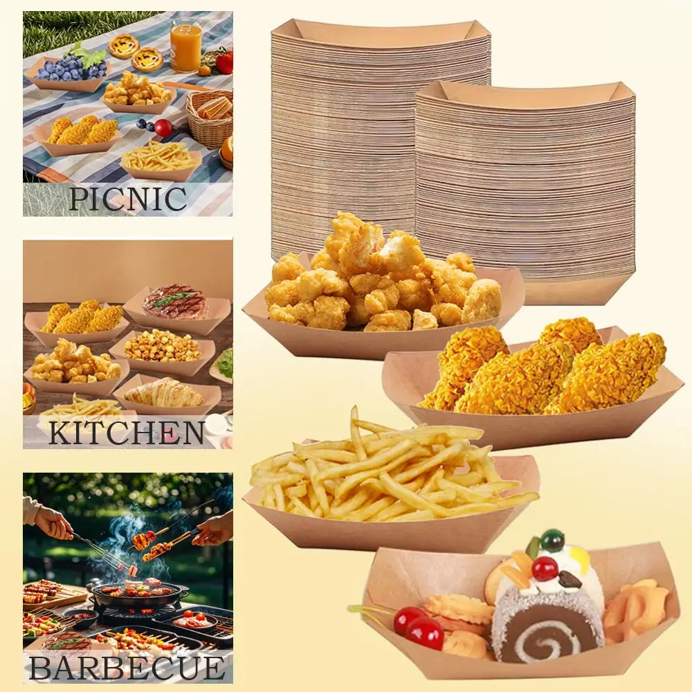 30/50/100Pcs Kraft Paper Boat Shaped Plates Disposable Salad Dessert Pine Cake Snack Bowls Food Tray for Kitchen Party Tableware thumbnail 3