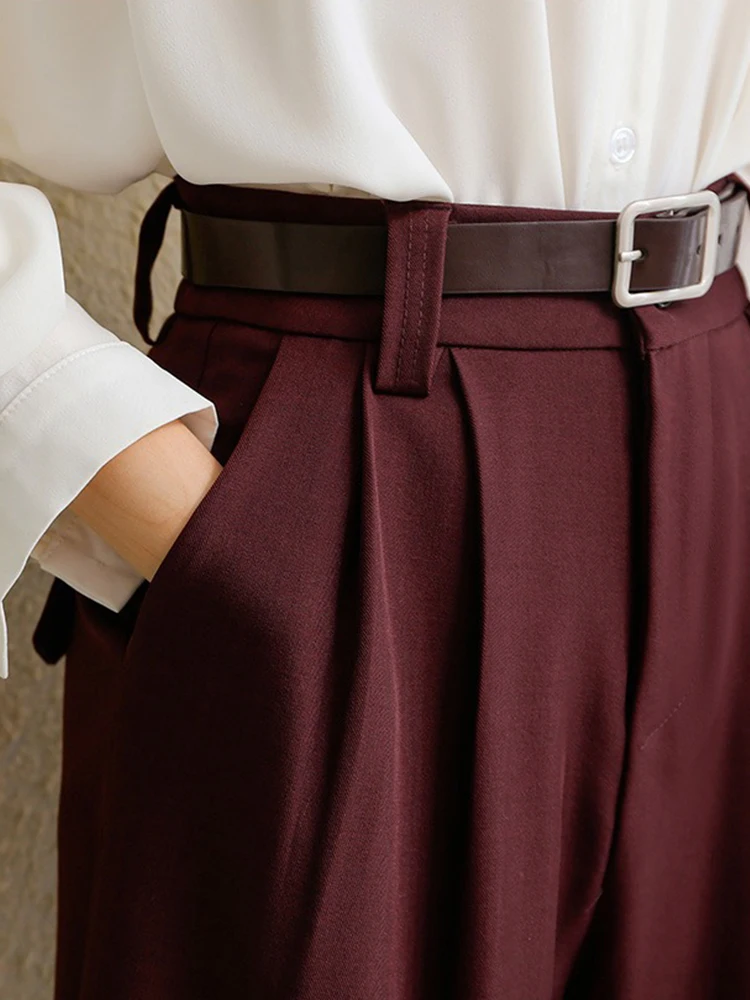 2026 New Burgundy Suits Pants for Women Office Lady Elegant High Waist Wide Leg Fashion Trousers with Pockets Black Gray thumbnail 5