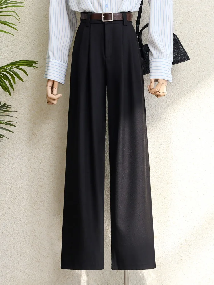 2026 New Burgundy Suits Pants for Women Office Lady Elegant High Waist Wide Leg Fashion Trousers with Pockets Black Gray thumbnail 4